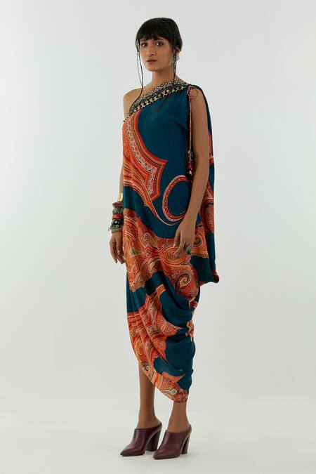 Buy_Aseem Kapoor_Blue Natural Crepe Bead Asymmetric Rasa Ambi Print One Shoulder Dress_Online_at_Aza_Fashions