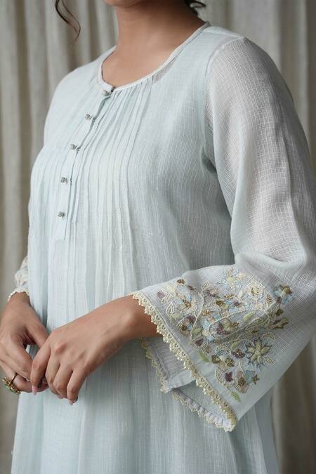 Kanika Sharma Sky Blue Kota Doria, Cotton, Denim Pearls, Embroidery Round Kurta And Palazzo Set Online at Aza Fashions Kanika Sharma_Sky Blue Kota Doria, Cotton, Denim Pearls, Embroidery Round Kurta And Palazzo Set _Online_at_Aza_Fashions
