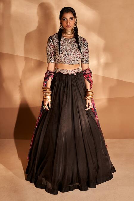 Bhumika Sharma_Black Organza, Georgette Embroidery Round Neck Lehenga Set With Blouse _Online_at_Aza_Fashions