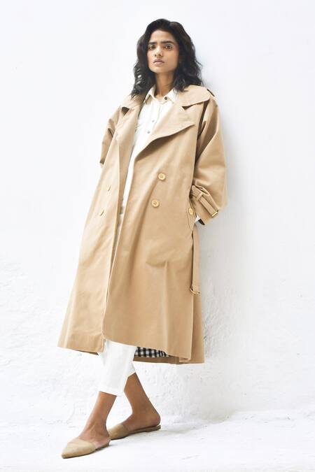 Kharakapas Brown Twill Collared Latte Trench Coat Online at Aza Fashions Kharakapas_Brown Twill Collared Latte Trench Coat _Online_at_Aza_Fashions