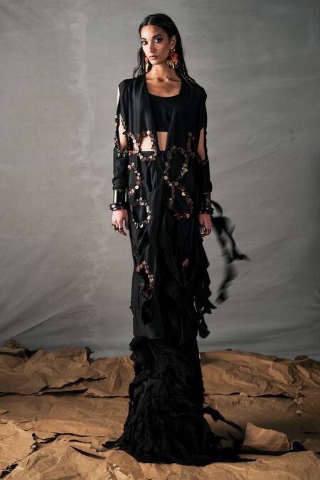 Buy_AK-OK_Black Cotton Embroidery Open Neck Cutwork Jacket _Online_at_Aza_Fashions