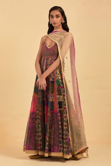 Aum By Asit And Ashima_Multi Color Organza Embroidery, Peacock And Flower Print Anarkali With Dupatta _Online_at_Aza_Fashions