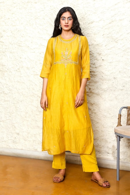 Tatwa_Yellow Handloom Cotton, Viscose Embroidery Round Neck Yoke Kurta And Pant Set _Online_at_Aza_Fashions