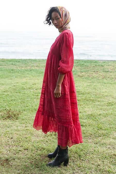 Baju_Red 40% , 60% , Chanderi Lace Work V Neck Soy Midi Dress_Online_at_Aza_Fashions