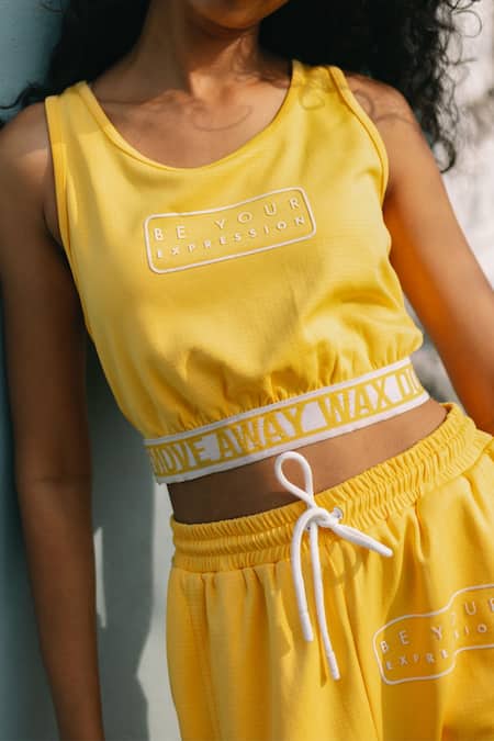 House Of Fett_Yellow Neoprene, Polyester Embroidery Round Neck Scuba Crop Top_Online_at_Aza_Fashions