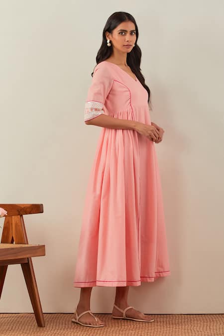 The Indian Cause_Peach Cotton Embroidery, Sequins V-neck Midi Dress_Online_at_Aza_Fashions