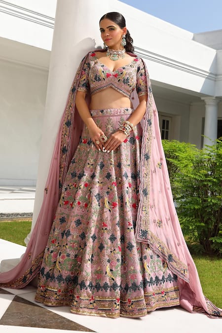 Miku Kumar_Purple Silk, Satin, Organza Embroidery, Butterfly And Floral Bridal Lehenga Set _Online_at_Aza_Fashions