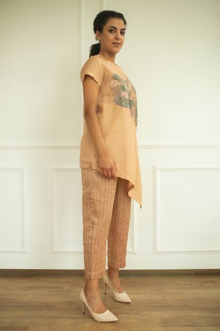 Oja_Brown Pant  , Tunic  Linen Embroidered And Set _Online_at_Aza_Fashions