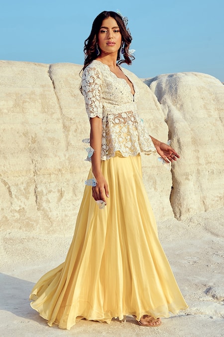 Nikita Vishakha_White Organza, Net Metallic Thread, Embroidery, Zari Peplum Blouse And Sharara Set _Online_at_Aza_Fashions