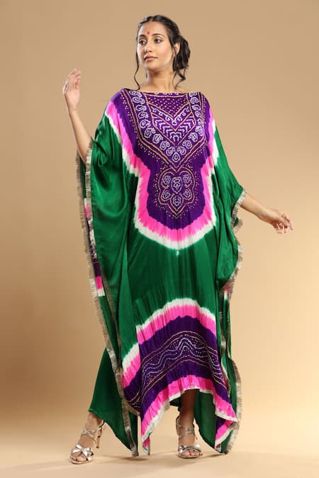 Etasha By Asha Jain_Multi Color Gingham Tassels Round Neck Bandhani Pattern Kaftan _Online_at_Aza_Fashions