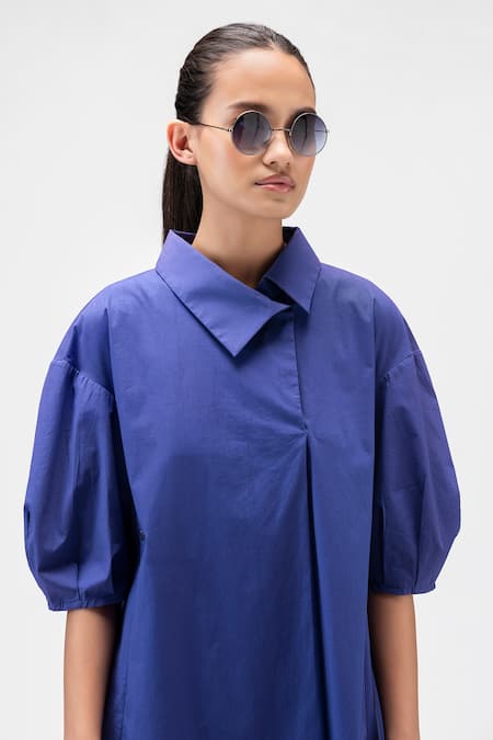 Genes Lecoanet Hemant_Blue Cotton Collared A-line Poplin Dress_Online_at_Aza_Fashions