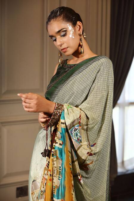 Shilpi Gupta_Green Blouse Dupion And Saree Crepe Print & With  _Online_at_Aza_Fashions