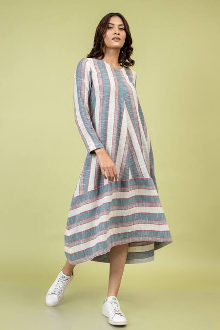 Doodlage_Multi Color Cotton Round Neck Jill Striped And Flared Dress_Online_at_Aza_Fashions