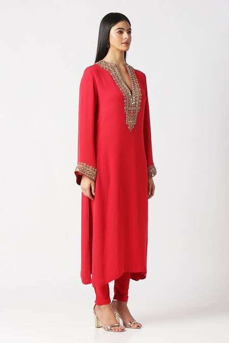 Labbada_Pink Viscose Georgette Hand Embroidered Marodi V Neck Yoke Kurta Set_Online_at_Aza_Fashions