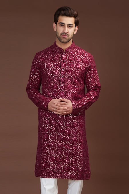Kasbah Maroon Silk, Cotton Embroidery Floral Kurta Set Online at Aza Fashions Kasbah_Maroon Silk, Cotton Embroidery Floral Kurta Set _Online_at_Aza_Fashions