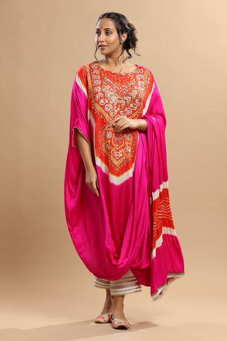 Etasha by Asha Jain_Fuchsia Gabardine, Satin Embroidery, Zari Round Neck Draped Kaftan And Pant Set _Online_at_Aza_Fashions