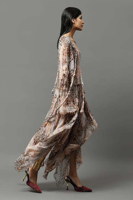 Buy AK-OK Multi Color Chiffon V-neck Abstract Print Layered Top And Skirt Set Online at Aza Fashions Buy_AK-OK_Multi Color Chiffon V-neck Abstract Print Layered Top And Skirt Set _Online_at_Aza_Fashions