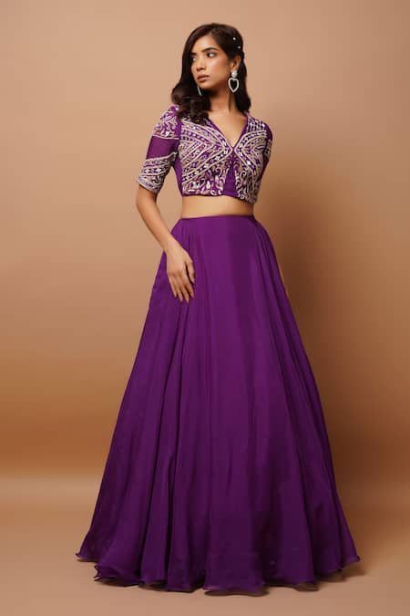 Ahi Clothing_Purple Organza, Cotton Beads, Cut Embroidered Blouse And Circular Lehenga Set _Online_at_Aza_Fashions