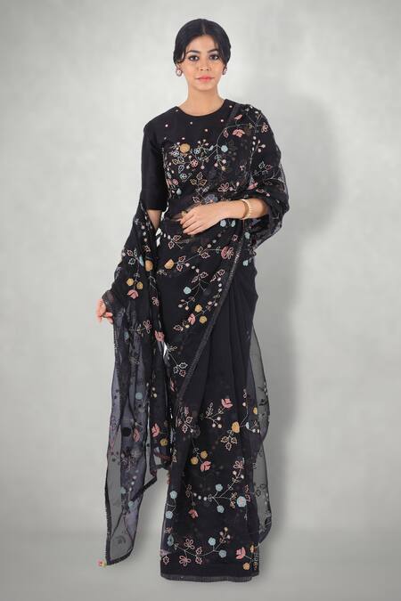 I Am Design_Black Raw Silk Aari Crew Neck Embroidered Blouse _Online_at_Aza_Fashions