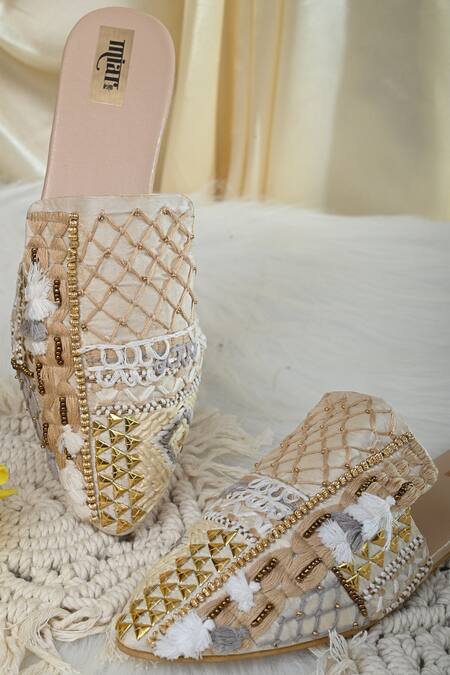 Miar Designs_Ivory Thread Naura Embellished Mules_Online_at_Aza_Fashions
