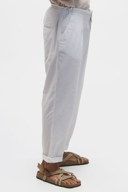 Terra Luna_White 100% Organic Handloom Oxford Cotton Solid Pant_Online_at_Aza_Fashions