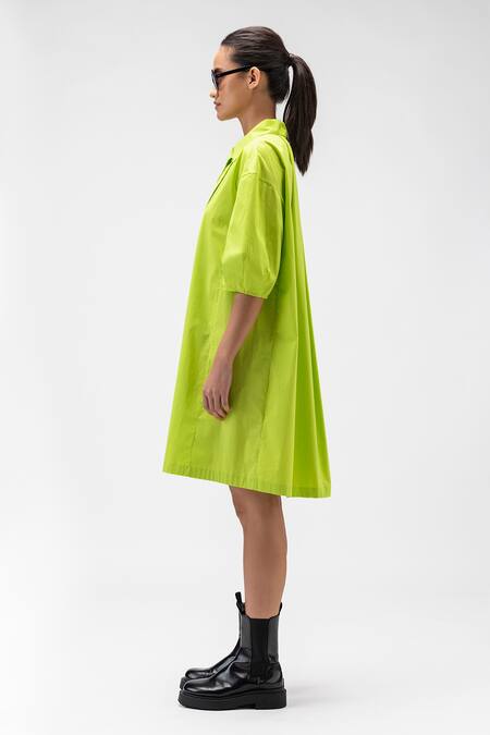 Genes Lecoanet Hemant Green Cotton Embroidery Asymmetric Collar A-line Dress Online at Aza Fashions Genes Lecoanet Hemant_Green Cotton Embroidery Asymmetric Collar A-line Dress_Online_at_Aza_Fashions