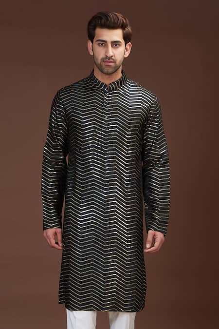 Kasbah_Black Silk, Cotton Embroidery Chevron Chikankari Kurta Set _Online_at_Aza_Fashions