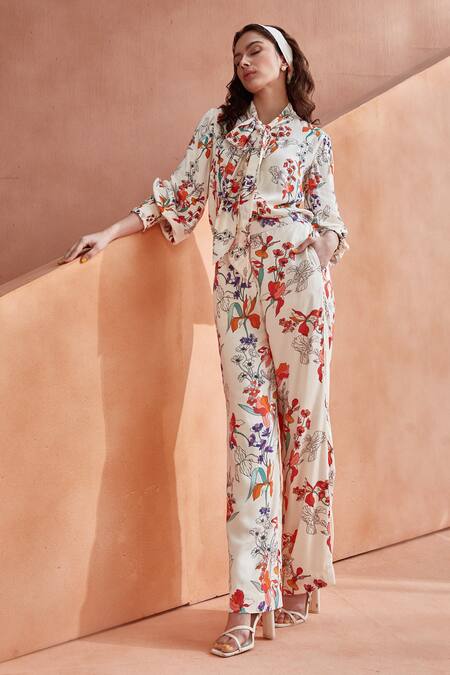 Label Deepika Nagpal_White Modal Embroidery Orchid Pattern Shirt And Pant Set _Online_at_Aza_Fashions