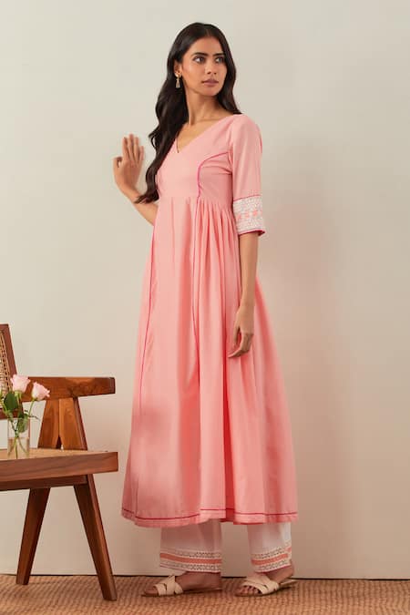 THE INDIAN CAUSE_Peach Cotton Sequins, Embroidery V-neck Chikankari Anarkali Set _Online_at_Aza_Fashions