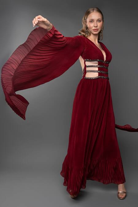 Anjum Qureshi_Maroon Pleated Embroidery Cutdana Plunge V Neck Waterfall Sleeve Jumpsuit _Online_at_Aza_Fashions