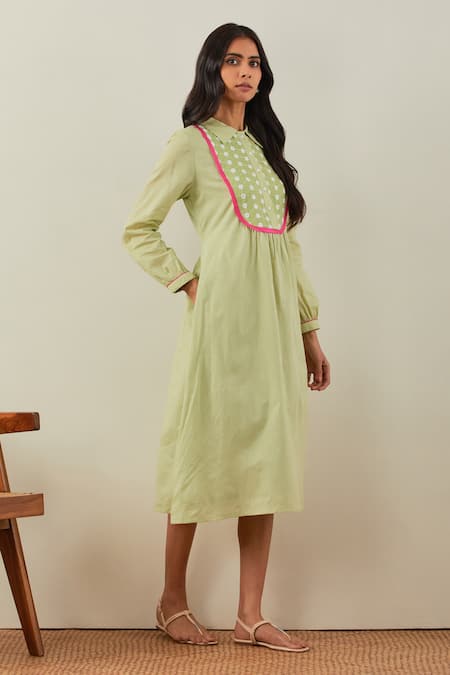 The Indian Cause_Green Cotton Sequins, Chains Collared Embroidered Dress_Online_at_Aza_Fashions