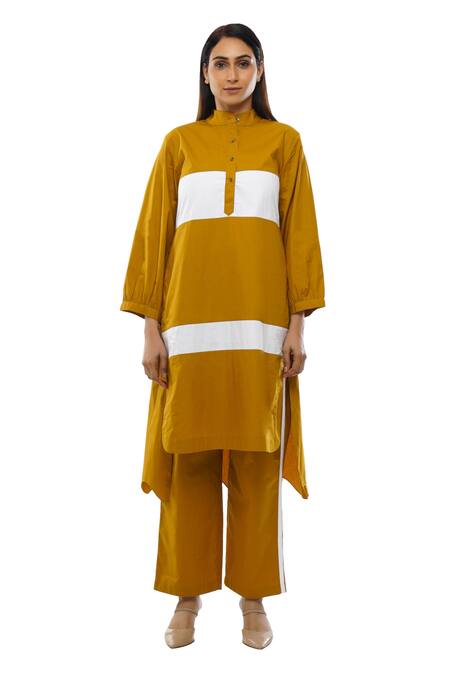 Khat_Yellow Mandarin Collar Mustard Panelled Dress Pant Set _Online_at_Aza_Fashions