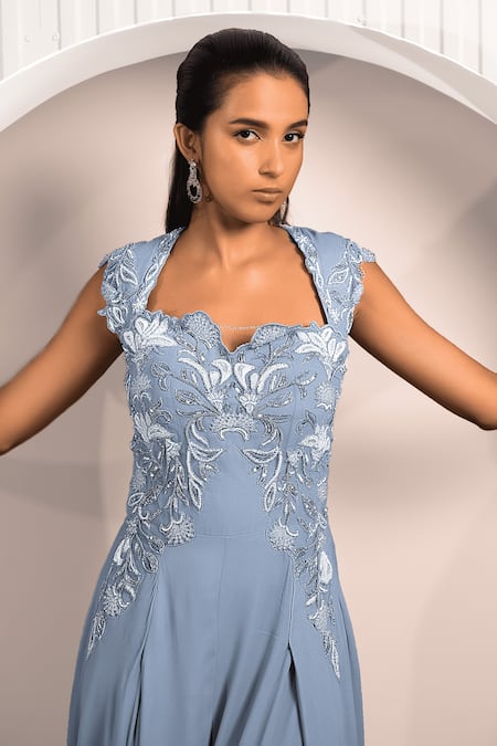 Jade By Ashima Blue Georgette Embroidery Square Neck Nettle Bodice Jumpsuit Online at Aza Fashions Jade By Ashima_Blue Georgette Embroidery Square Neck Nettle Bodice Jumpsuit _Online_at_Aza_Fashions