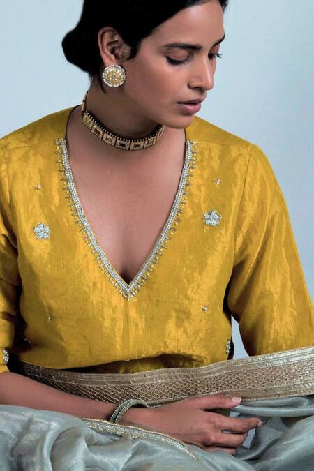 Shorshe Clothing Yellow Handloom Cotton Pearls, Gota Patti V-neck Tissue Embroidered Blouse Online at Aza Fashions Shorshe Clothing_Yellow Handloom Cotton Pearls, Gota Patti V-neck Tissue Embroidered Blouse _Online_at_Aza_Fashions
