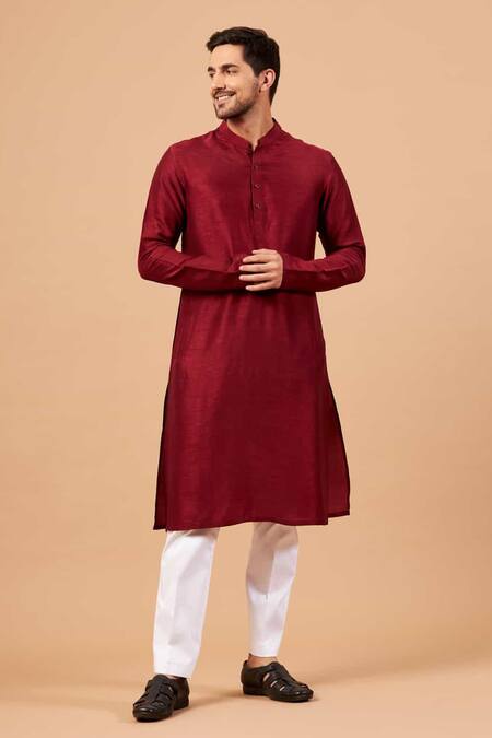 Hilo Design_Maroon Cotton, Lycra Mandarin Collar Kurta Pant Set _Online_at_Aza_Fashions