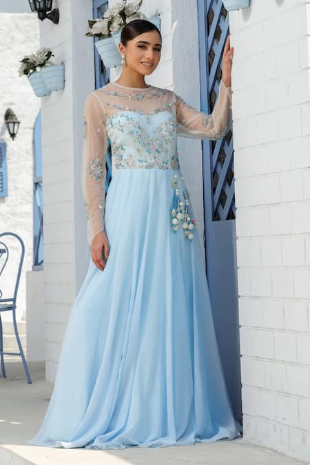 Tamaraa By Tahani_Blue Georgette Embroidery, Sequins Floral Bodice Anarkali With Dupatta _Online_at_Aza_Fashions