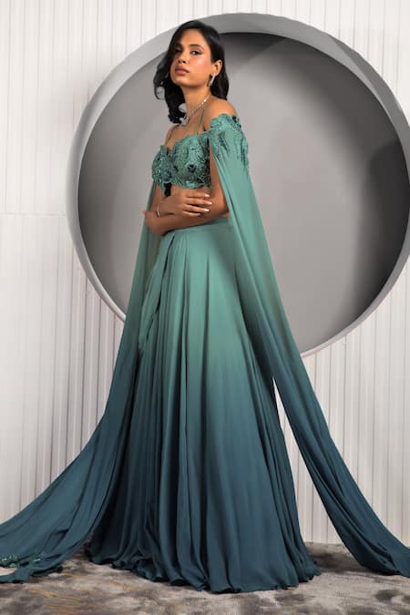 Jade By Ashima Green Crepe Embroidery, Tassels Sweetheart Neck Floral Cape Sleeve Lehenga Set Online at Aza Fashions Jade By Ashima_Green Crepe Embroidery, Tassels Sweetheart Neck Floral Cape Sleeve Lehenga Set _Online_at_Aza_Fashions