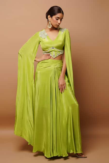 Ahi Clothing_Green Crepe Mirrors, Beads V-neck Embroidered Bustier And Draped Skirt Set _Online_at_Aza_Fashions