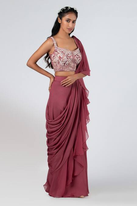 Suruchi Parakh_Purple And Georgette Beads & Ruffle Pre-draped Saree With Blouse_Online_at_Aza_Fashions
