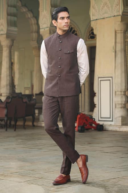 Raw & Rustic By Niti Bothra_Brown Linen Bundi And Pant Set _Online_at_Aza_Fashions