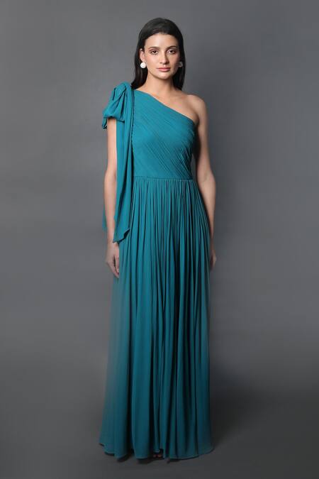Swatee Singh_Blue Georgette One Shoulder Ruched Gown _Online_at_Aza_Fashions