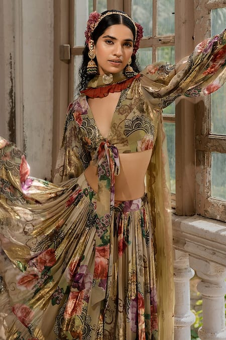 Amrin Khan_Green Georgette And Organza Floral Print & Gota Patti V Neck Layered Lehenga Set _Online_at_Aza_Fashions