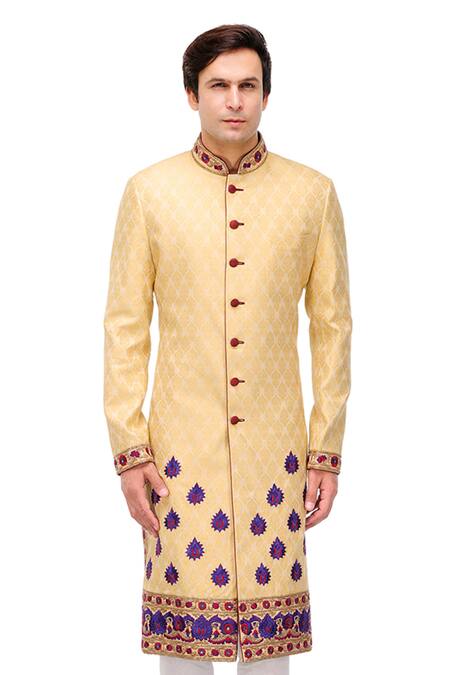 A!A By Abrar Ali_Beige Brocade Woven Floral Motifs Pattern Sherwani_Online_at_Aza_Fashions