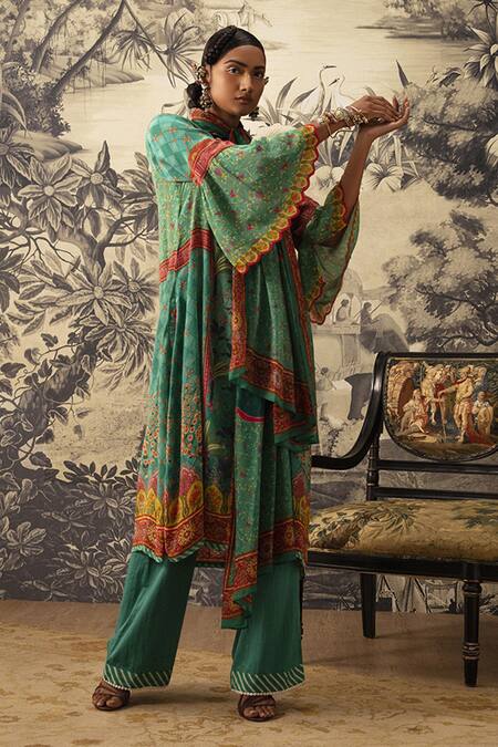 Kalista Green Crepe, Silk, Chiffon Embroidery, Tassels Riah A-line Printed Kurta Set Online at Aza Fashions Kalista_Green Crepe, Silk, Chiffon Embroidery, Tassels Riah A-line Printed Kurta Set _Online_at_Aza_Fashions