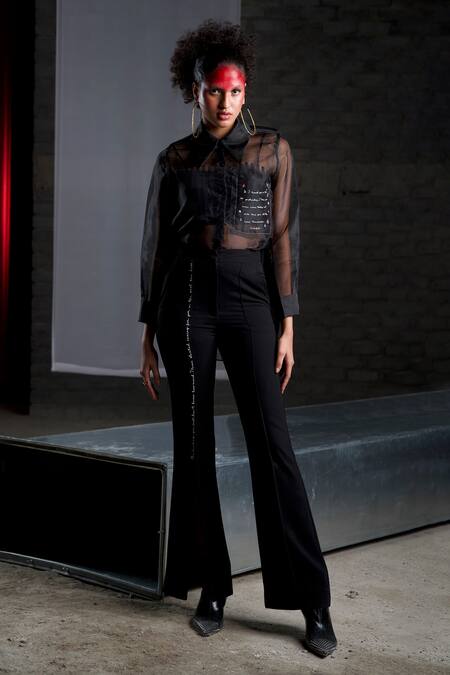 Pocketful Of Cherrie_Black Organza Embroidery Collared Sheer Curved Hem Shirt_Online_at_Aza_Fashions