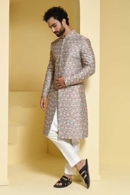 Kustomeyes_Silver Cotton Silk Embroidered Floral Thread Sherwani Set _Online_at_Aza_Fashions
