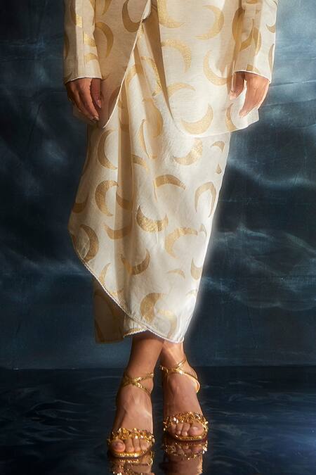 Masaba_Ivory Cotton Flex Foil Print Moon Crest Draped Skirt _Online_at_Aza_Fashions