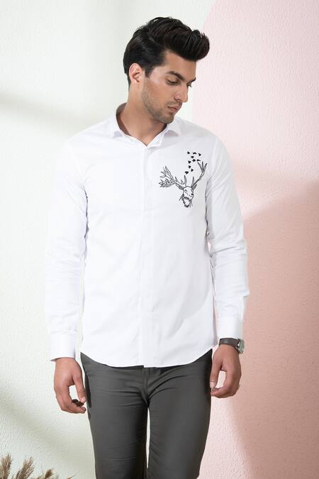 Hilo Design_White Cotton Embroidery Bianco Reindeer Shirt _Online_at_Aza_Fashions