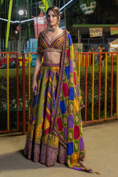Irrau by Samir Mantri_Multi Color Organza, Denim Embroidery, Gota Patti Abstract Print Lehenga Set _Online_at_Aza_Fashions