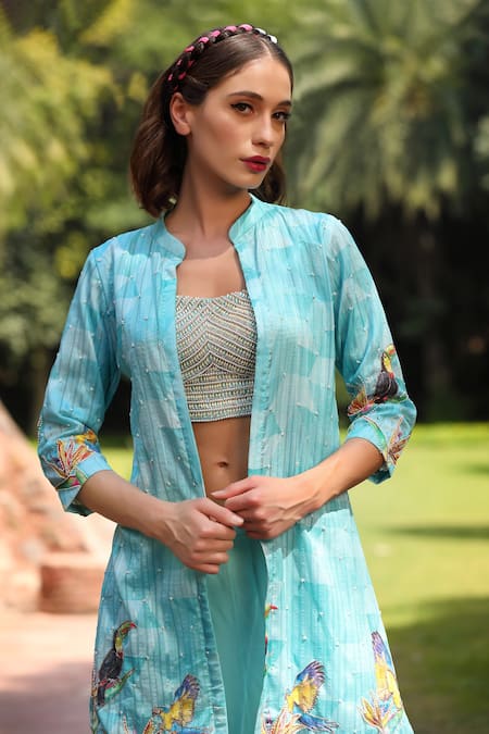 Tarini Vij_Blue Jacket And Blouse - Calcutta Silk, Plazzo - Georgette Pearls, Pattern Set _Online_at_Aza_Fashions